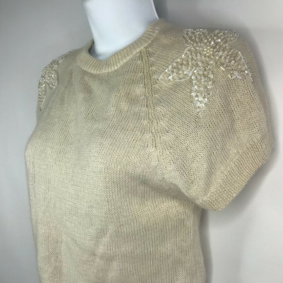 Vintage 80s The Italian Mob Floral Beaded Ivory Fuzzy Angora Blend Sweater - Picture 6 of 9
